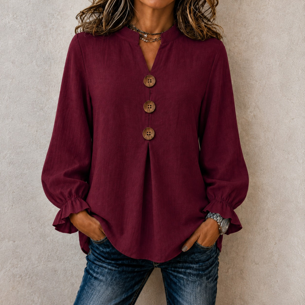 Blouse Molly™ with Mandarin Collar, Button-Front and Ruffled Cuffs