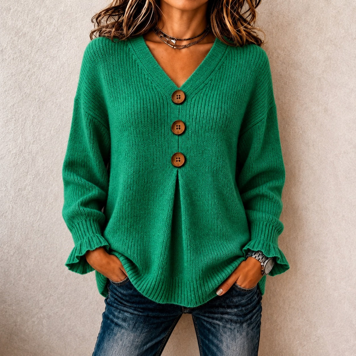 Blouse Rose™ with Front Buttons, Ribbed Cuffs and V-Neck