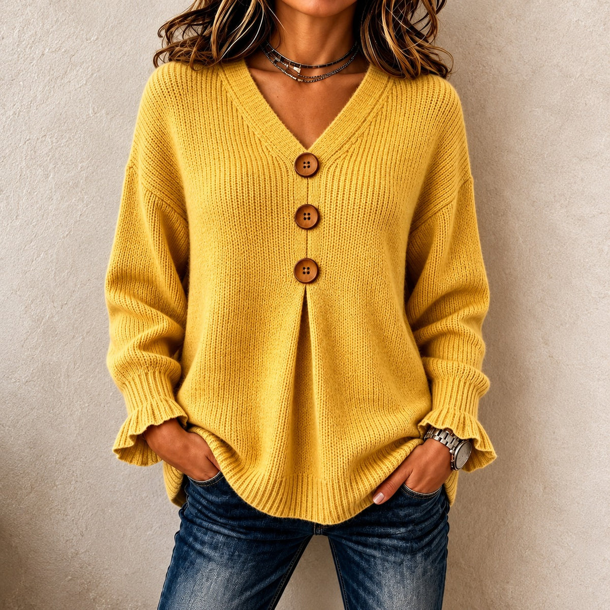 Blouse Rose™ with Front Buttons, Ribbed Cuffs and V-Neck