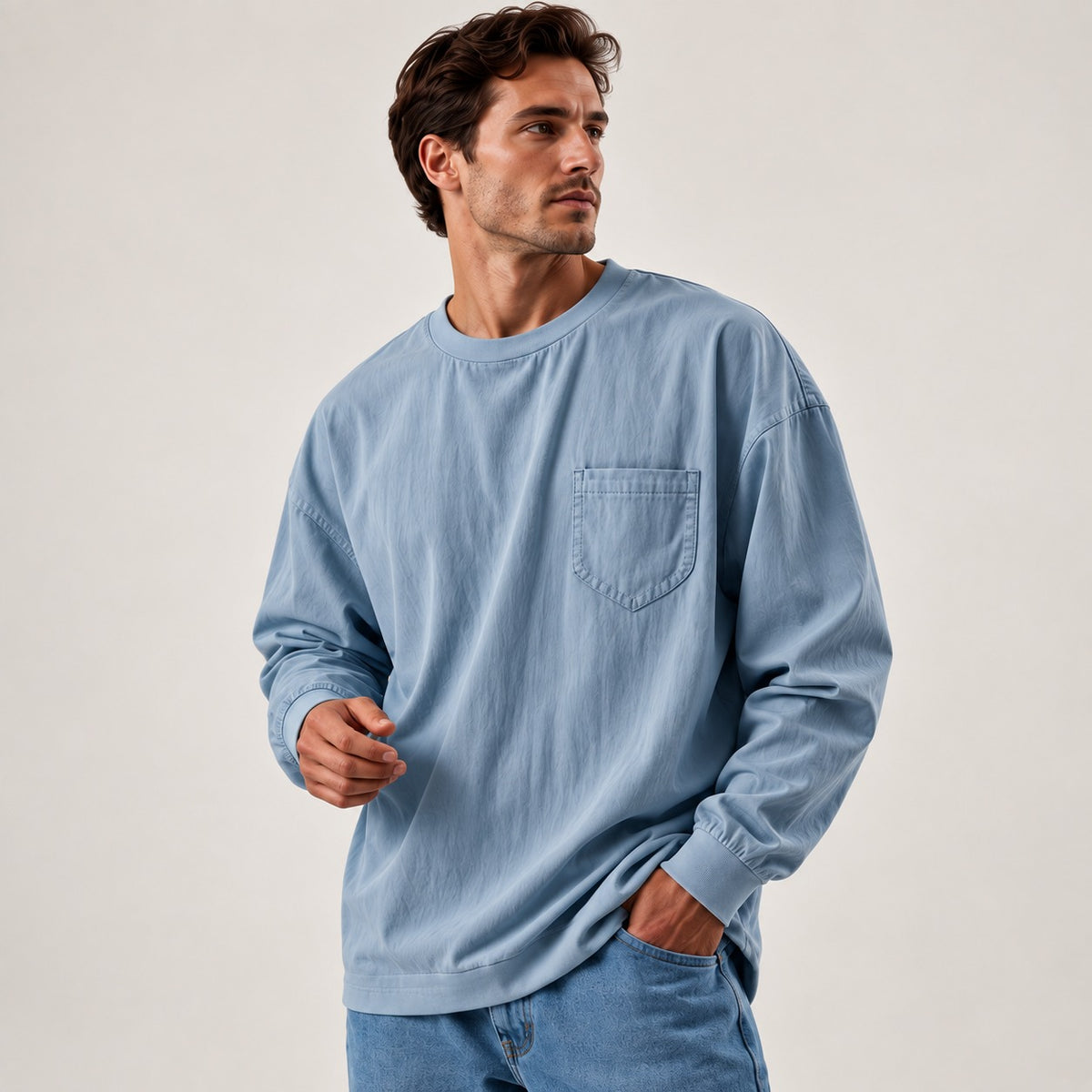 Daven™ Long-Sleeve Shirt with Minimalist Design and Chest Pocket