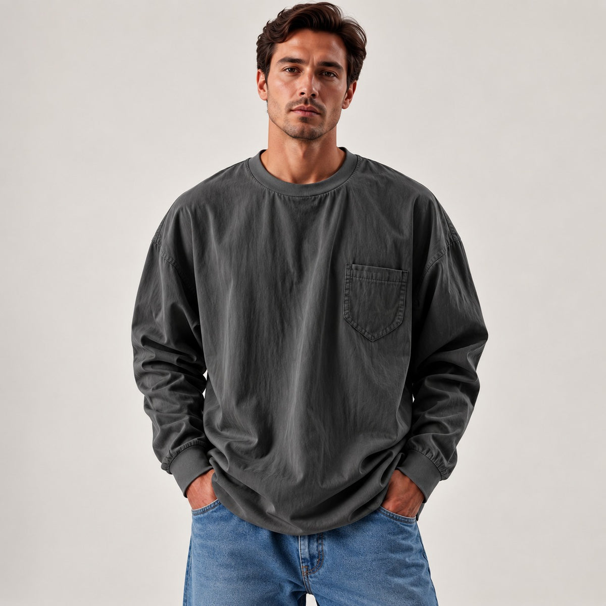 Daven™ Long-Sleeve Shirt with Minimalist Design and Chest Pocket