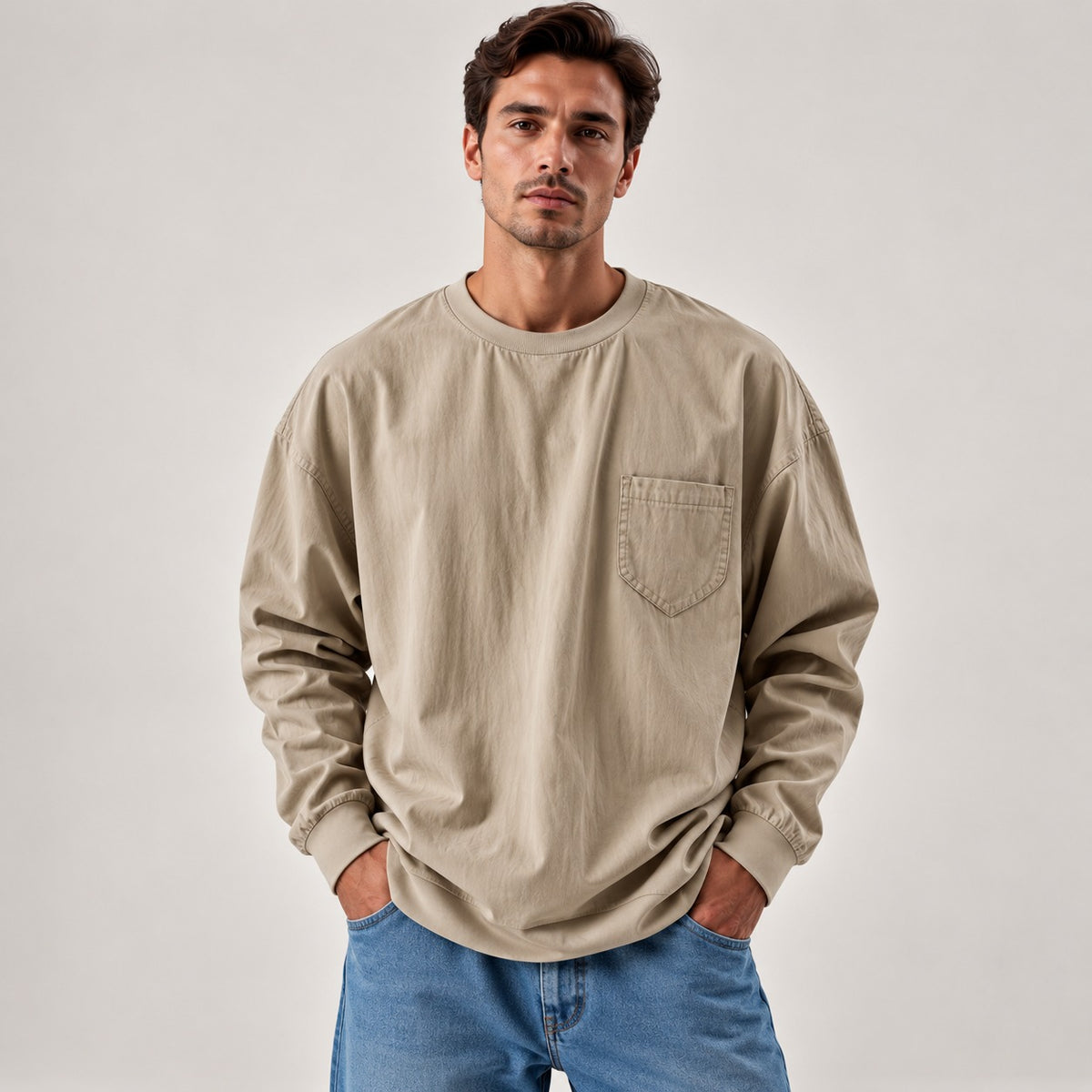 Daven™ Long-Sleeve Shirt with Minimalist Design and Chest Pocket
