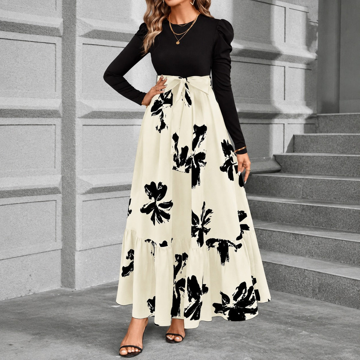 Liselle™ Retro Dress with Defined Waist and Printed Maxi Skirt
