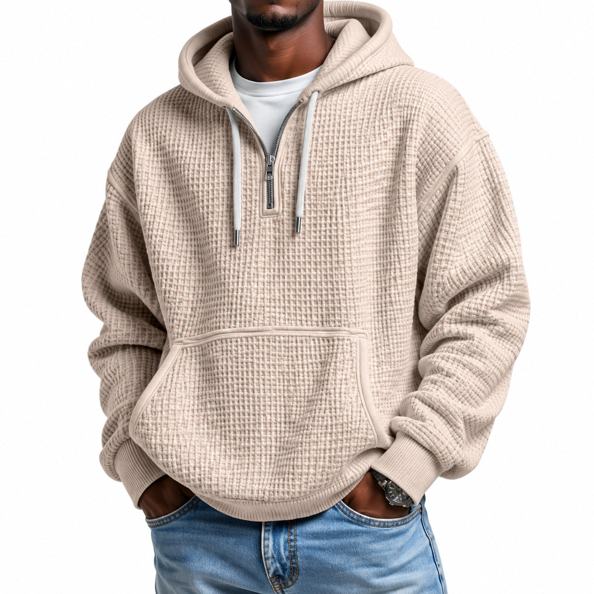 Hoodie Joel™ with Subtle Waffle Texture, Half-Zip and Kangaroo Pocket