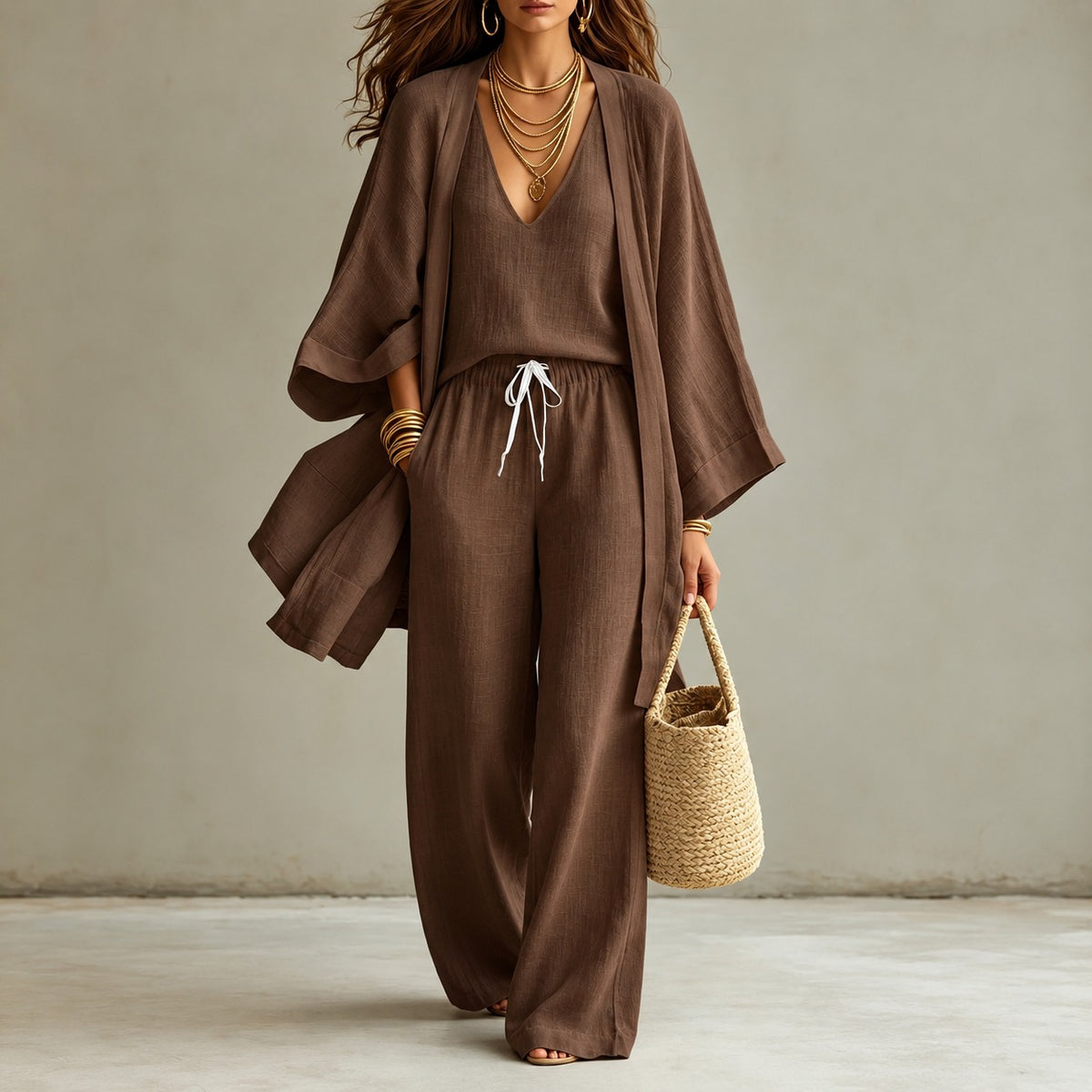 Mirelia™ 3-Piece Set with V-Neck Tank Top, Wide-Leg Pants and Long Kimono