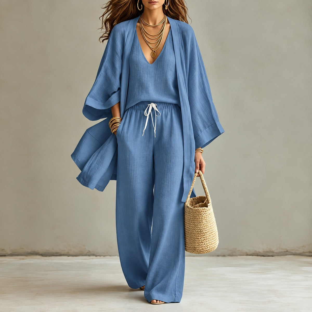 Mirelia™ 3-Piece Set with V-Neck Tank Top, Wide-Leg Pants and Long Kimono