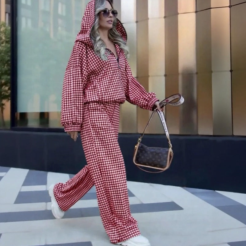 Maddalena™ Set with Oversized Hooded Top, Wide-Leg Pants and Minimalist Check Print