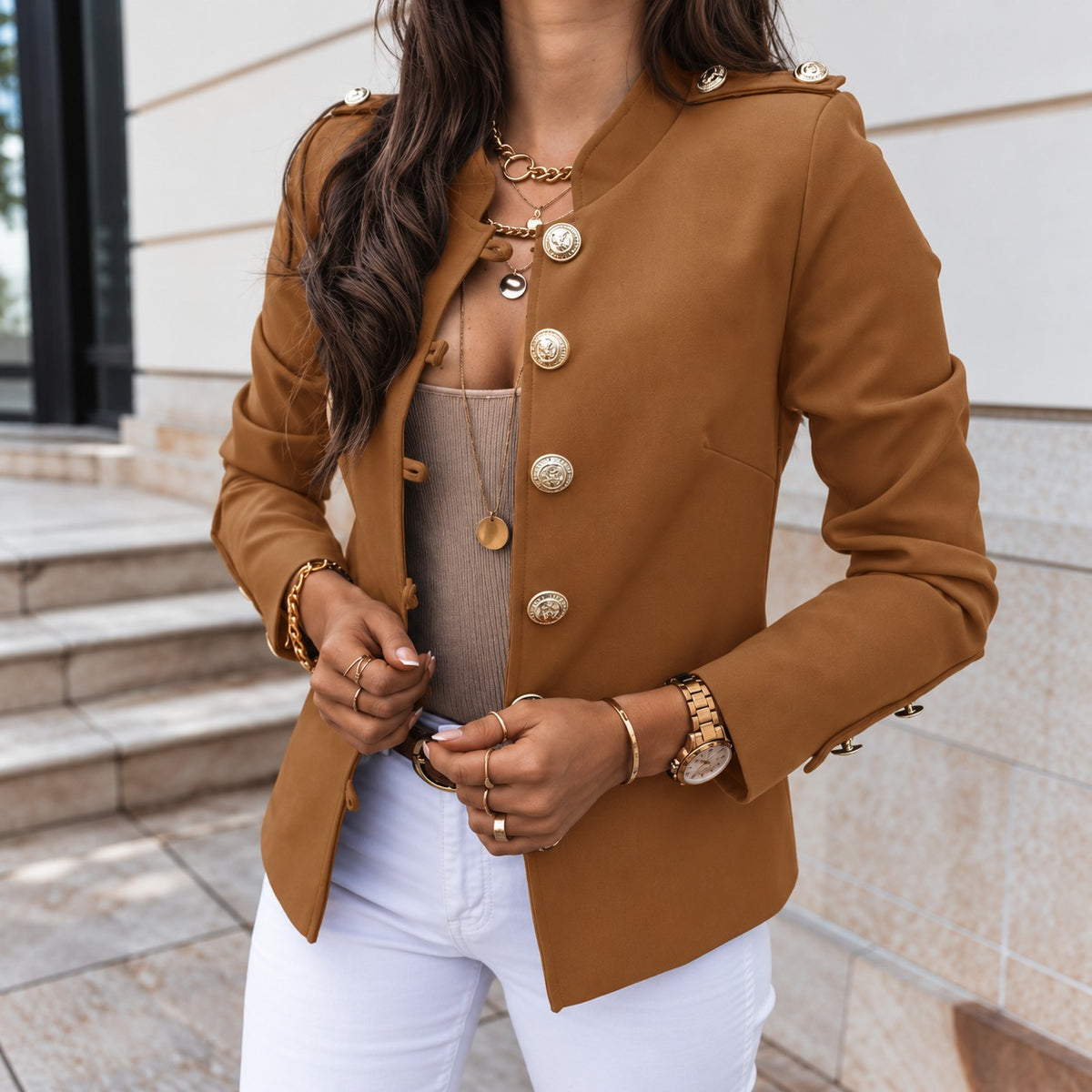 Jacket Adelaide™ with Stand Collar, Button-Front Closure and Shoulder Details