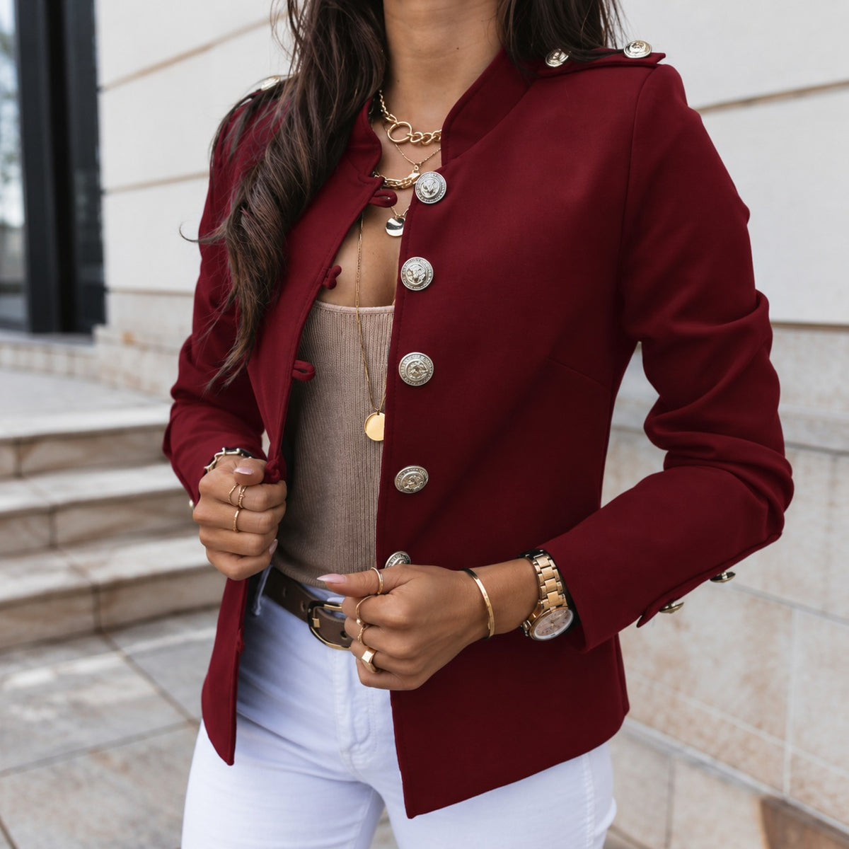 Jacket Adelaide™ with Stand Collar, Button-Front Closure and Shoulder Details