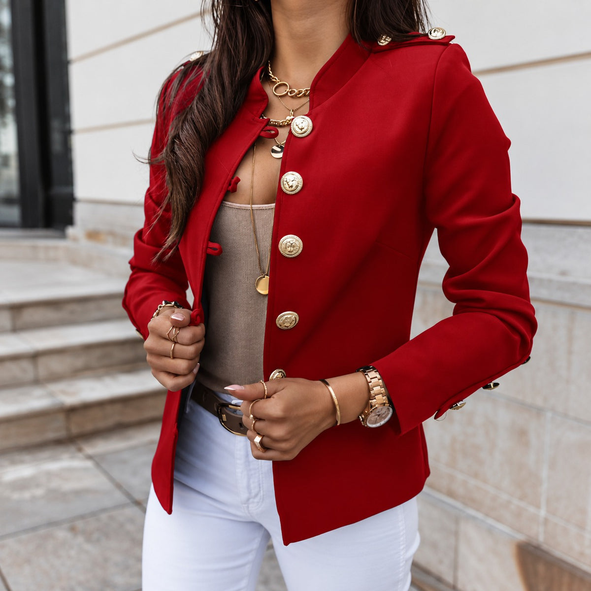 Jacket Adelaide™ with Stand Collar, Button-Front Closure and Shoulder Details
