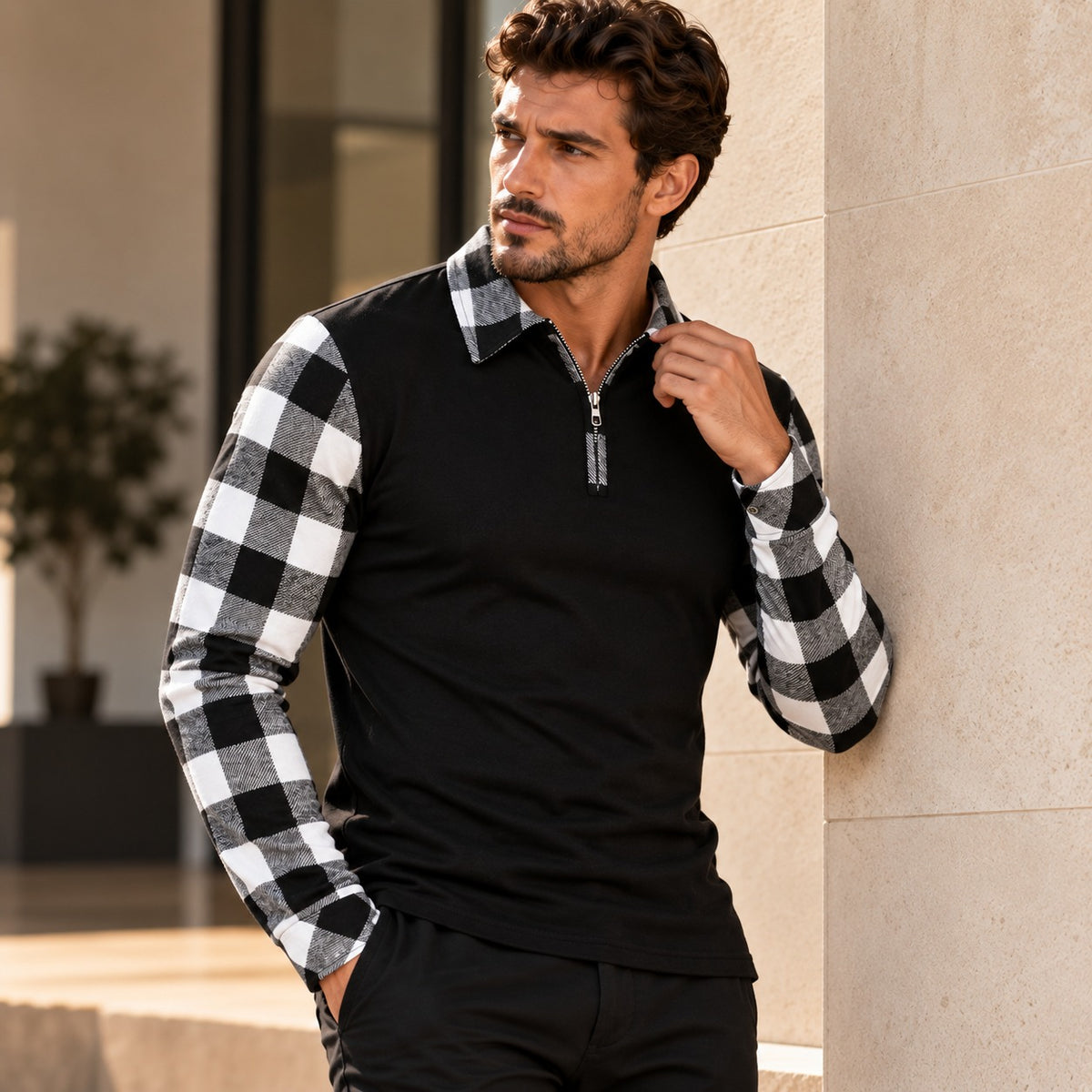 Lennon™ Long-Sleeve Polo Shirt with Contrasting Plaid Details