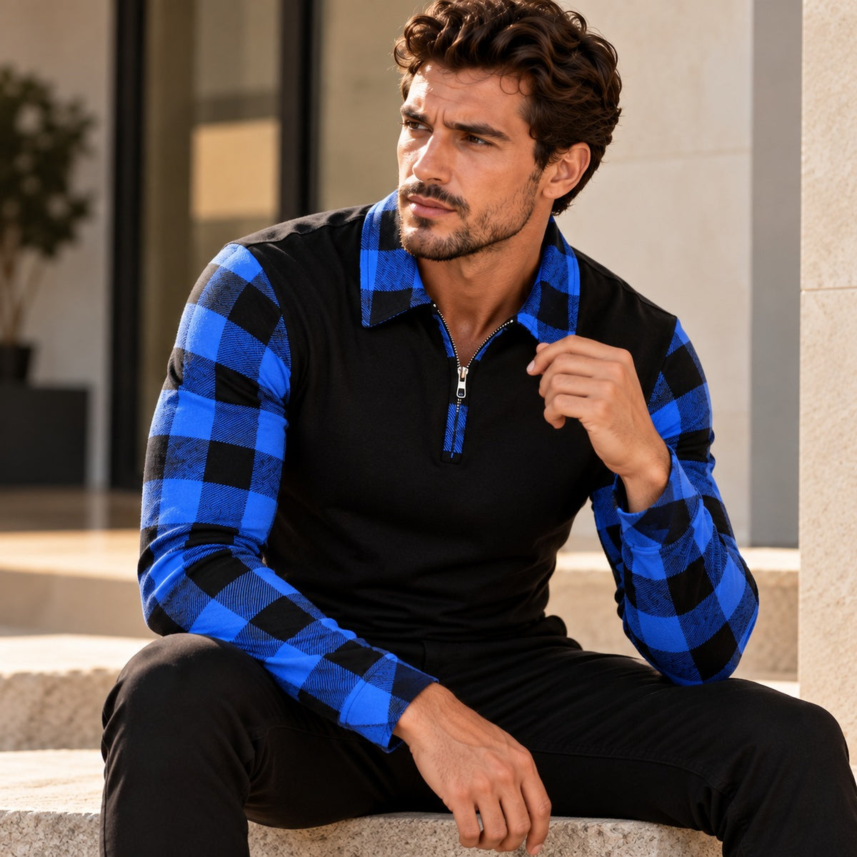 Lennon™ Long-Sleeve Polo Shirt with Contrasting Plaid Details