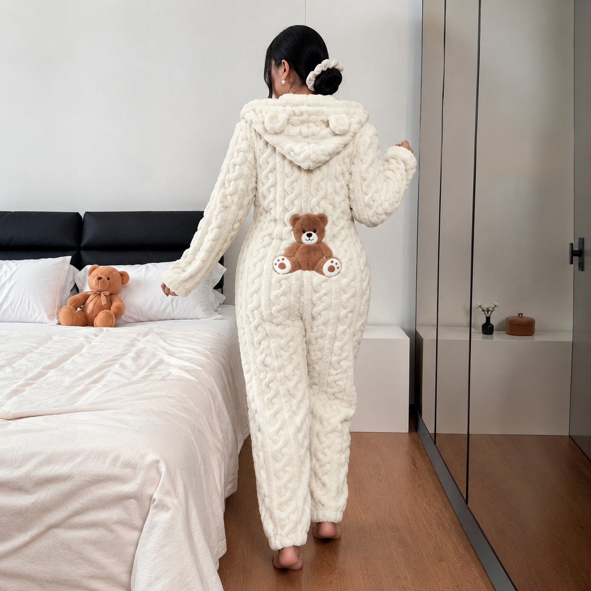 Ursina™ Plush Hooded Jumpsuit with Bear Ears and Teddy Bear Appliqué
