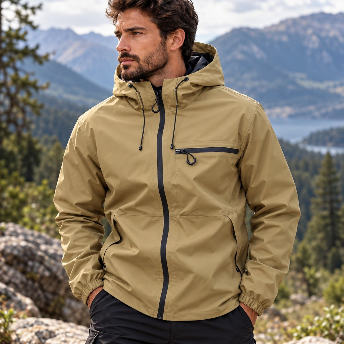 Aldric™ Jacket with Adjustable Hood, Front Zipper and Chest Pocket
