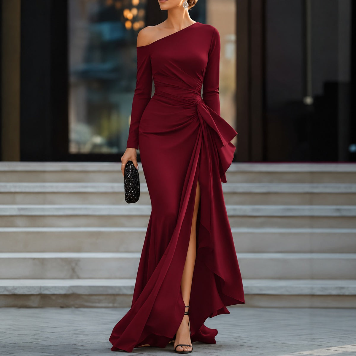 Vivienne™ Dress with Asymmetric Neckline, Draped Waist and Front Slit