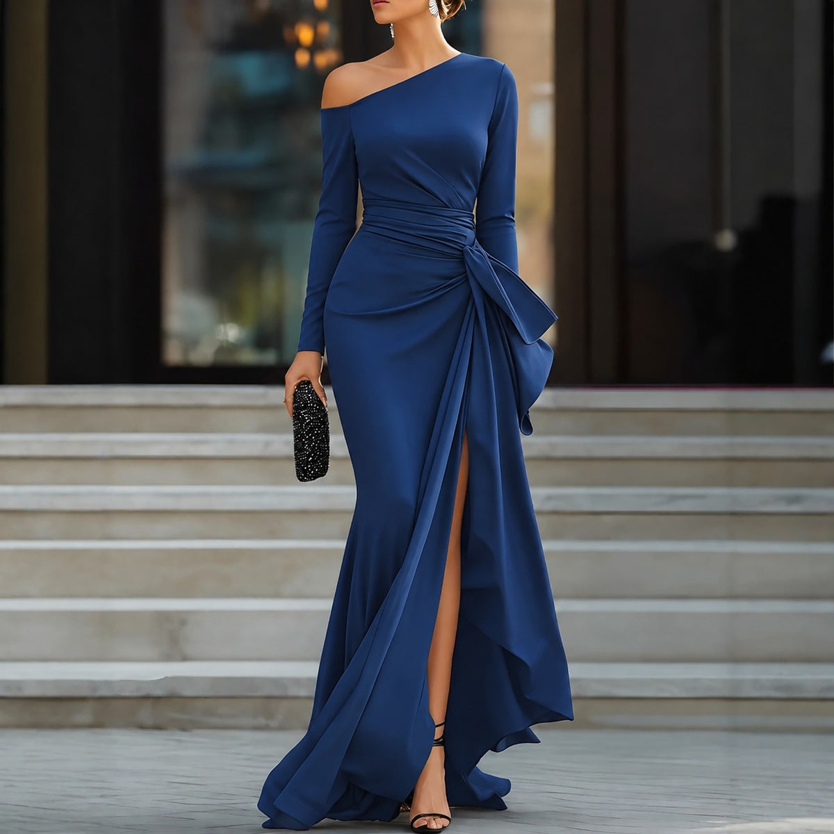 Vivienne™ Dress with Asymmetric Neckline, Draped Waist and Front Slit