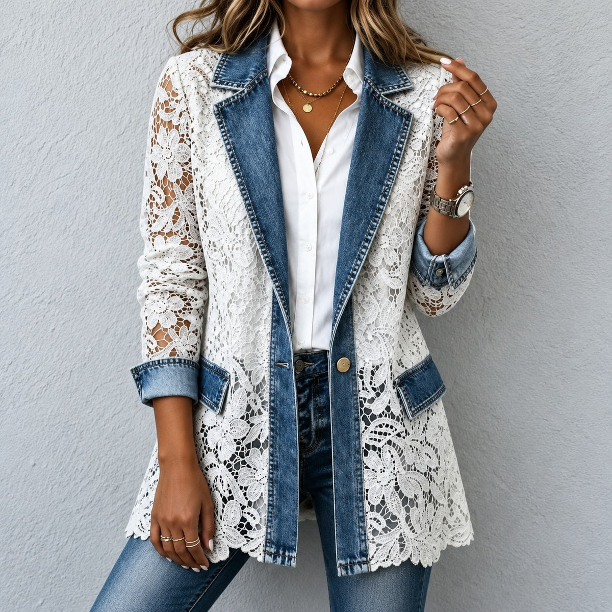 Denim Blazer Lausanne™ with Floral Lace and Classic Lapels