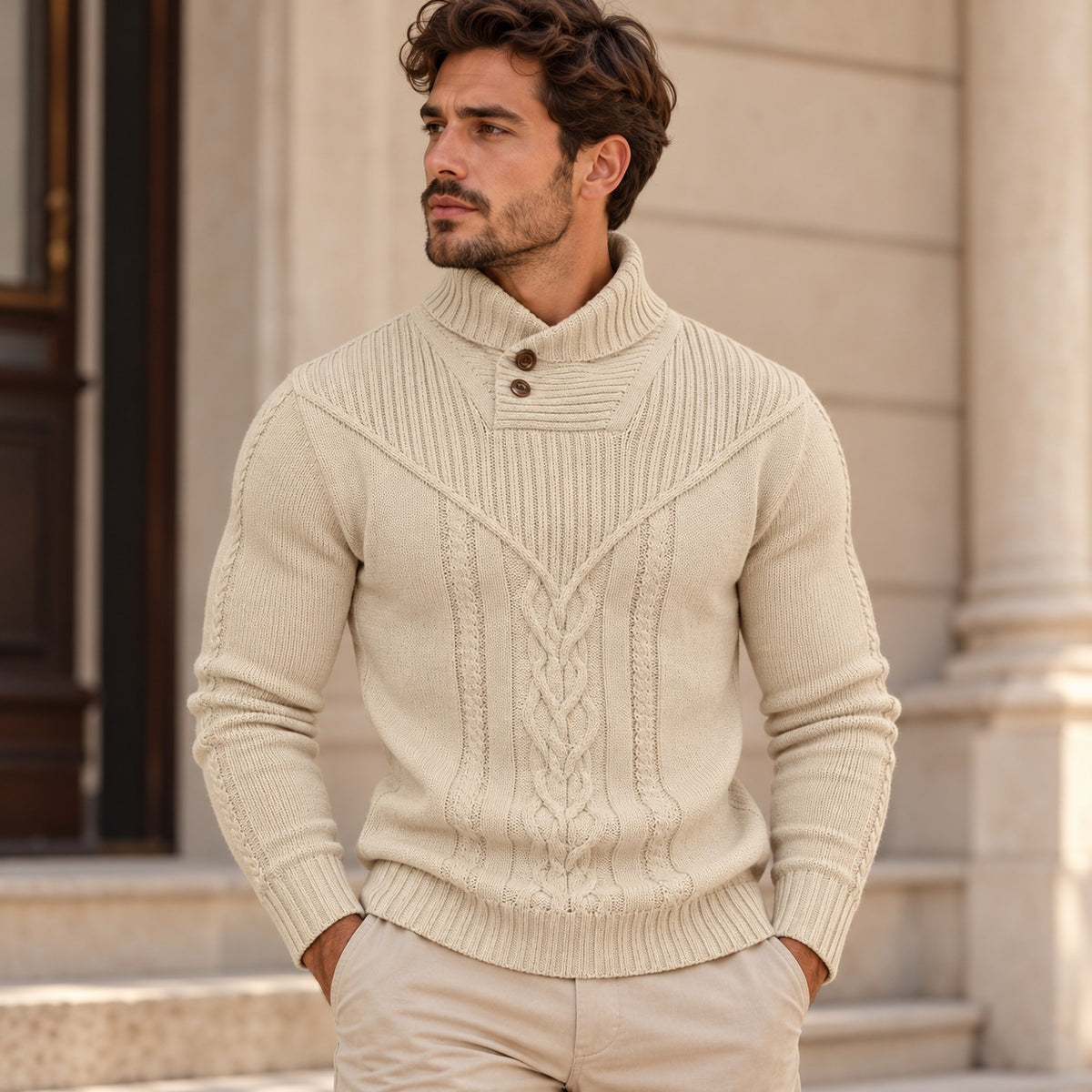 Sweater Darren™ with Textured Knit, Buttoned High Collar and Cable Details