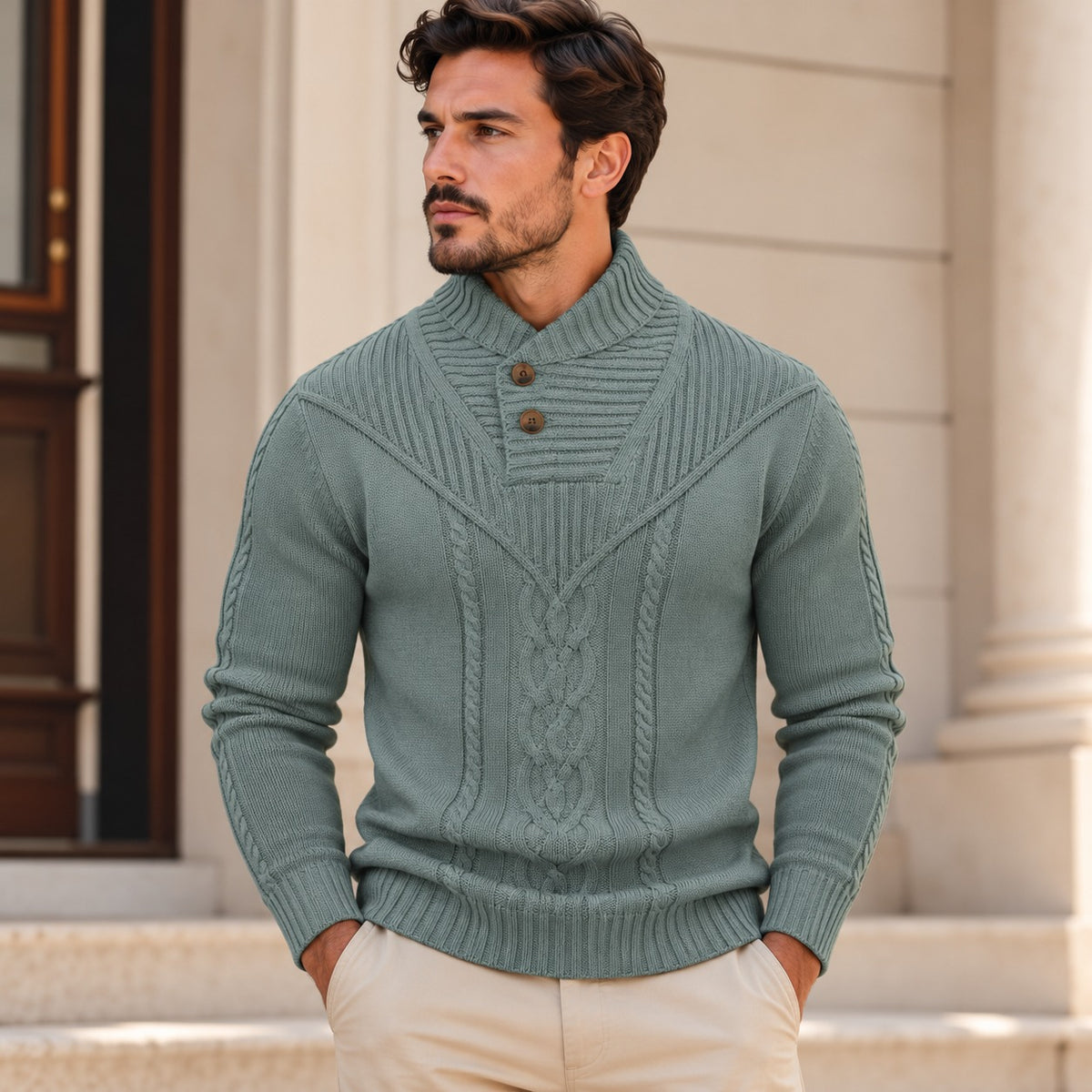 Sweater Darren™ with Textured Knit, Buttoned High Collar and Cable Details