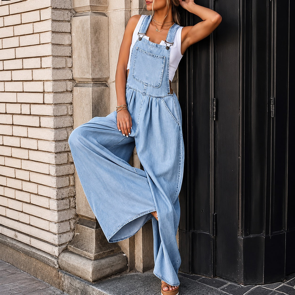 Belmira™ Denim Jumpsuit with Wide-Leg Fit and Charming Buckle Straps