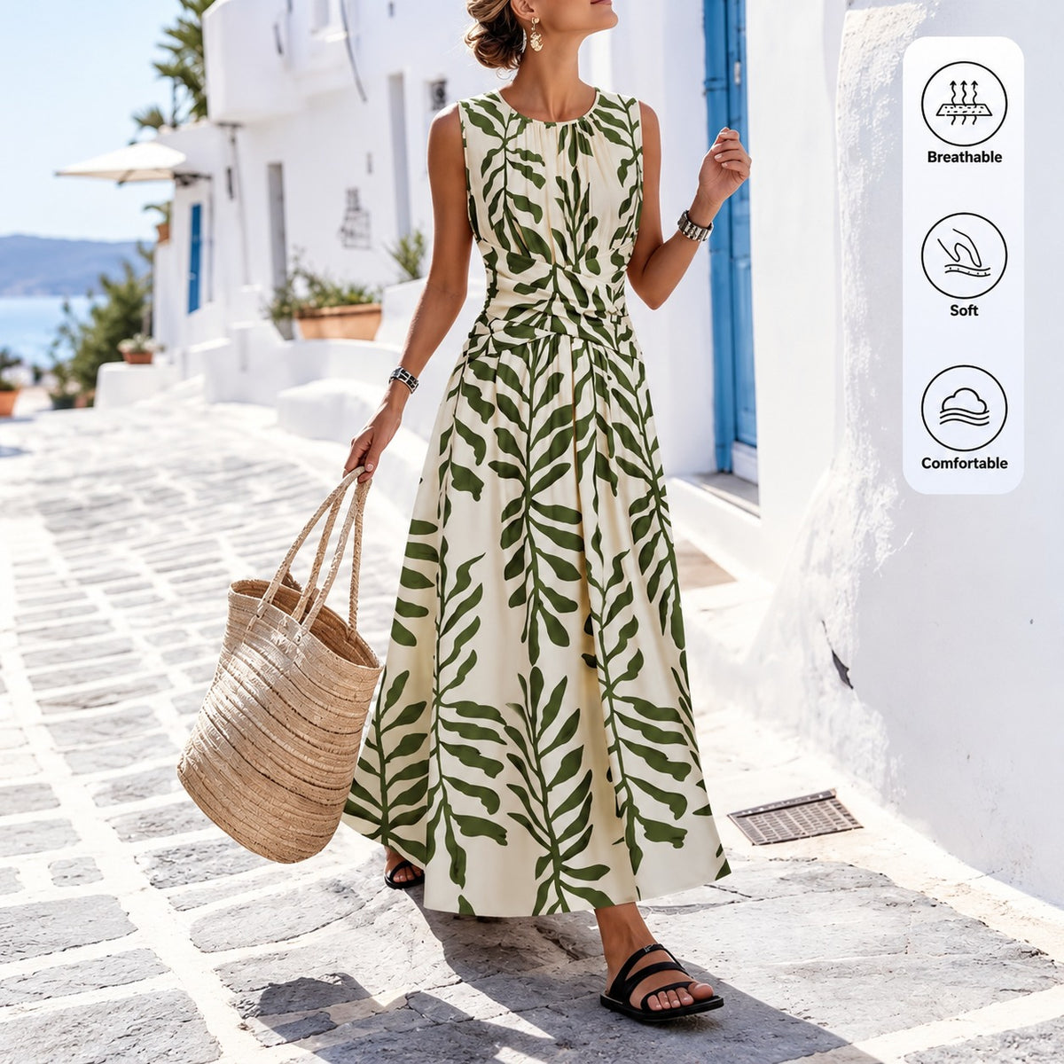 Florenia™ Maxi Dress with Delicate Leaf Print, Draped Waist and A-Line Skirt